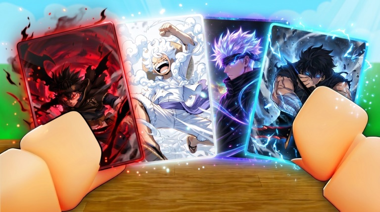 Four glowing Anime Card Farm cards displayed on a table